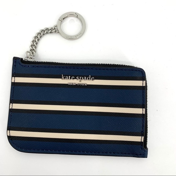 Kate Spade Cameron medium L-zip York stripe card holder keyring blue black new - Picture 5 of 6